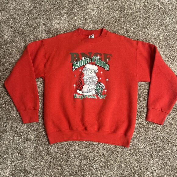 VTG 90s Santa Express Christmas Sweatshirt Men L BNSF Train 1997 Red Crewneck - Picture 1 of 7
